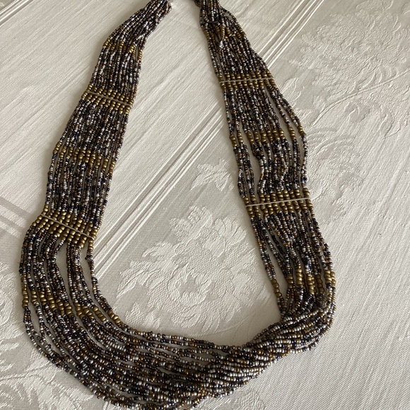MULTI STRAND LONG STATEMENT NECKLACE GOLD Colored -GRAY -BLACK SMALL BEADS 18in - Picture 2 of 10